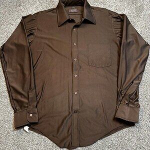 Vtg 70s Van Heusen Black Brown Nylon Knit Disco Dress Shirt Square Buttons L‎